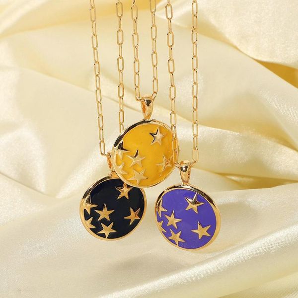 

chains ins vintage color star round metal pendant necklace simple drop oil universe chain for women girls fashion jewelry gift, Silver