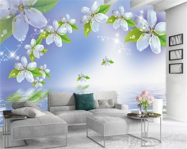 

wallpapers 3d wallpaper living room blue water surface delicate flowers custom romantic hd silk interior decoration