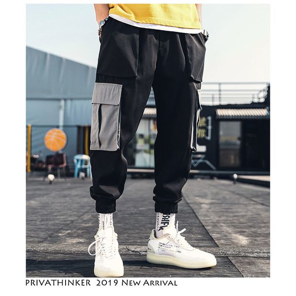 

overalls men patchwork khaki cargo pants 2021 mens japanese streetwear harajuku sweatpants fashion joggers trousers, Black