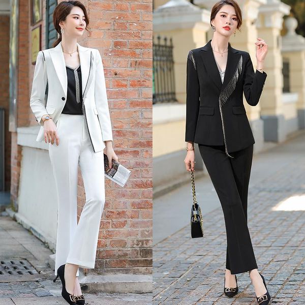 

women's two piece pants office bulky suit coat and formal jacket lady, White