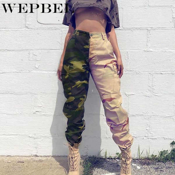 

wepbel women autumn winter high waist pocket camouflage patchwork cargo pants ladies elegant slim straight pencil trousers, Black;white