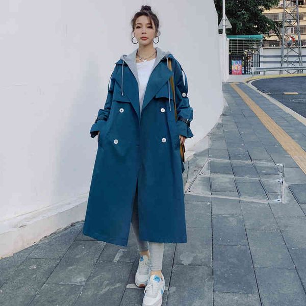 

women's trench coats female blue fashion brand trench coat double breasted with hood removable spring outerwear lady duster 1smb, Tan;black