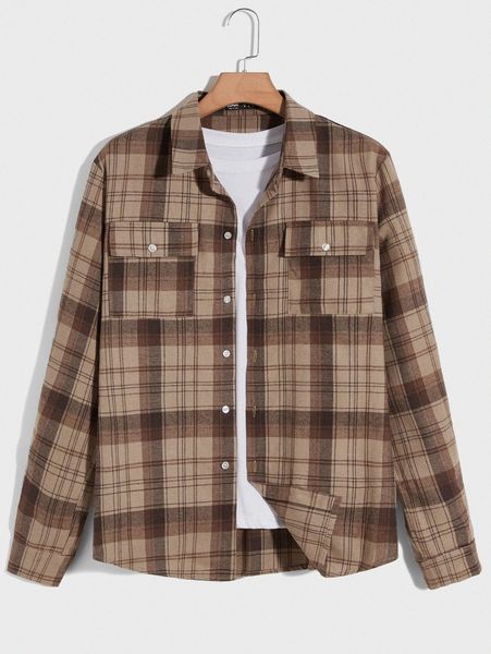 

romwe guys plaid button front pocket shirt y4ww#, White;black