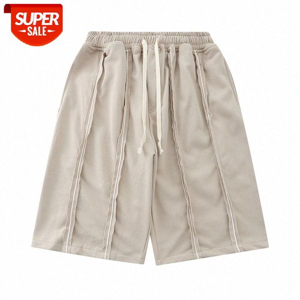 

fray stitching casual shorts men's wind loose straight five-point pants drawstring guard #2x6c, Black