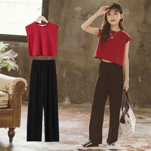 

girls summer clothing set sleeveless red t-shirts wide leg black pants cotton solid color teenage outfits 4 8 12years old 210622, White