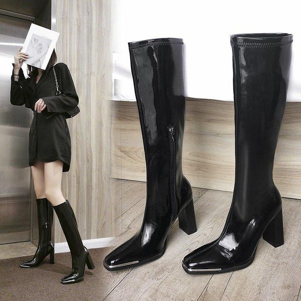 

boots women's 2021 online celebrity with square patent leather high tube thick heel knee stretch heels, Black