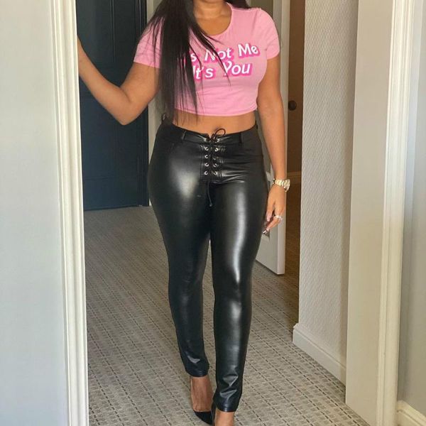 

women's leggings high waist criss-cross lace-up women pu leather pencil pants autumn winter thich bottoms fashion lady slim, Black