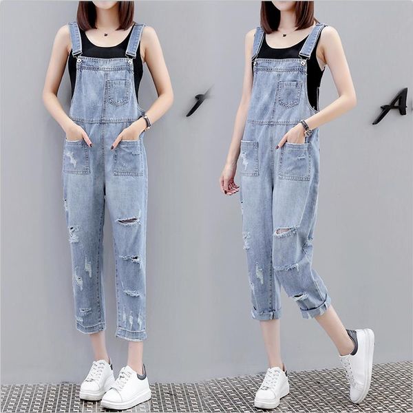 

women's jeans 2021 summer ripped denim overalls nine-point pants loose age-reducing baggy mother, Blue