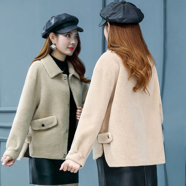 

2021 new women autumn winter genuine granular sheep shearling real fur coat jacket female casual warm outerwear manteau femme l735l5sf, Black