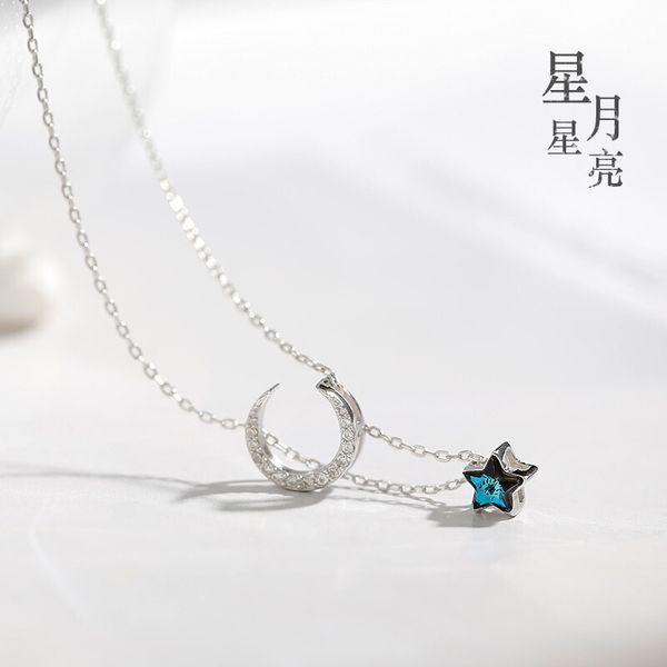 

925 silver necklace women's simple star and moon pendant, Black