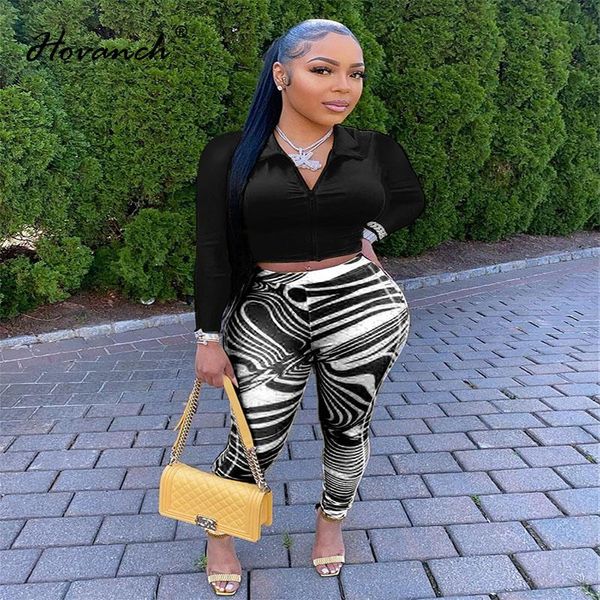 

women's two piece pants hovanch printed stitched zipper lapel + slim pencil set 2021 winter fashion street wear, White