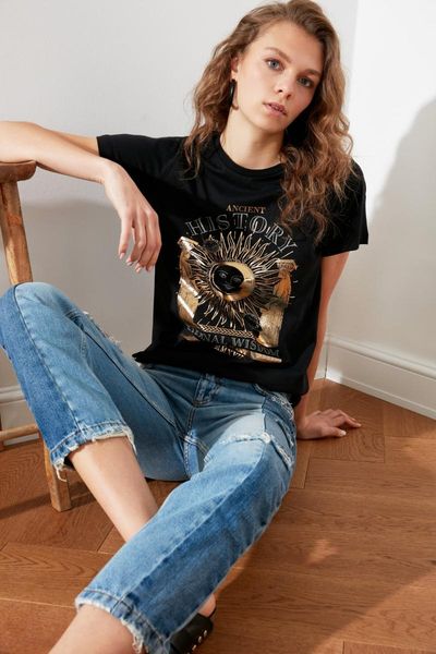 

women's t-shirt trendyol foil printed basic knitted twoss21ts1774, White