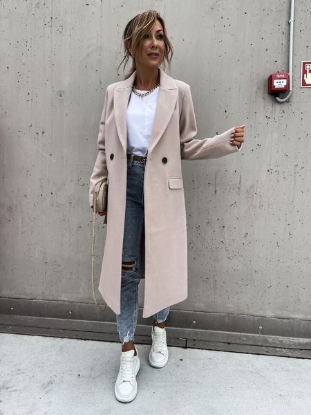 

women's trench coats autumn and winter long suit collar wool coat, Tan;black
