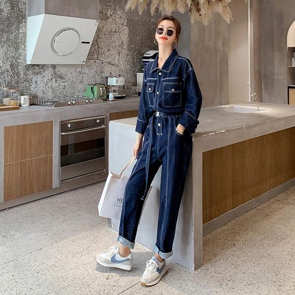 

women long sleeve denim jumpsuits shirt style one piece pants overalls female streetwear hip hop loose jeans romper spring fall, Black;white