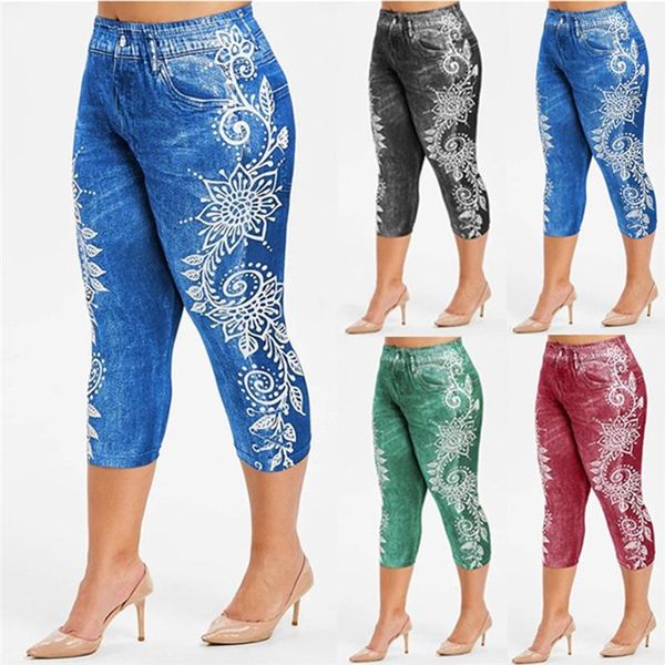 

yoga pant 3\4 women printed false denim jeans leggings high waist breeches pants super elastic jeggings plus size 2xl, White;red