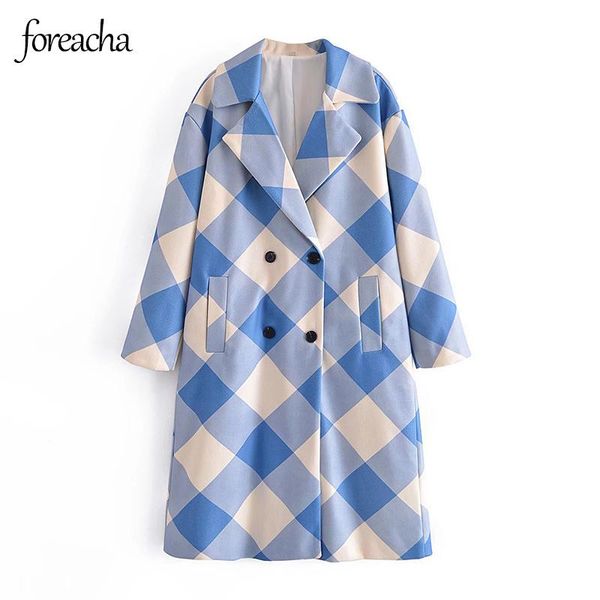 

women's wool & blends foreacha plaid hit the color long woolen coat women suit collar double breasted blue female streetwear winter 202, Black