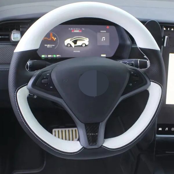 

car steering wheel cover soft hand-stitched non-slip black genuine leather suede for tesla model 3 2017-2020