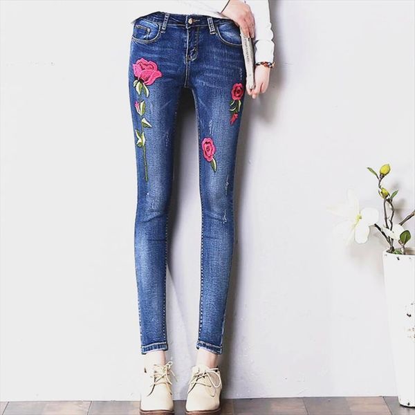 

stretch rose embroidered elastic pencil women jeans denim pants, Blue