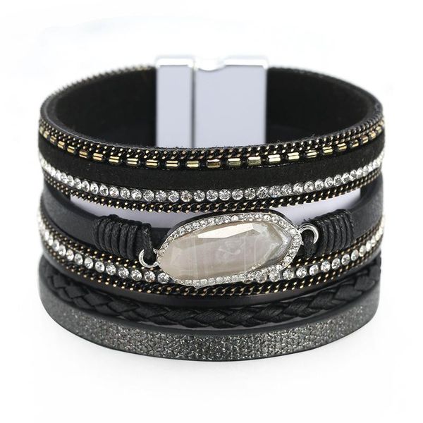 

bangle bohemian style multi-layer leather rope bracelet, chain set with diamonds, semi-precious stones, crystal accessories, ladies bra, Black