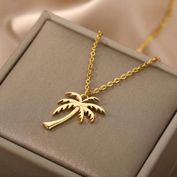 

chains rxsmll fashion coconut tree necklaces for women simple gold sliver color stainless steel neck chain jewelry christmas gifts, Silver