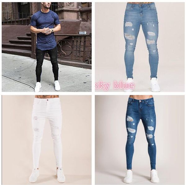 

spring and summer thin section men jeans teens casual tight knee hole thin men's trousers 4colors, Black