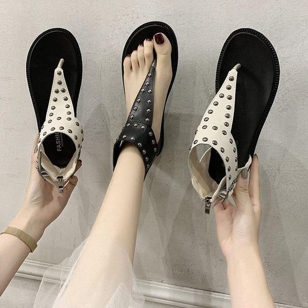 

sandals xixiyipin fashion retro punk rivet women's casual woman flats metal ladies flip flops open toe shoes for, Black