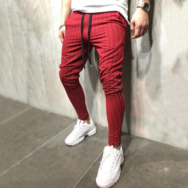 

men's fashion skinny pants spring casual vertical stripes red black army green slim pants lacing personality jogging trousers