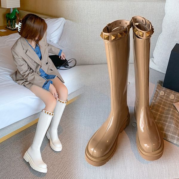 

ins net red rivet knight women's british style white patent leather thick bottom knee length small tall boots, Black