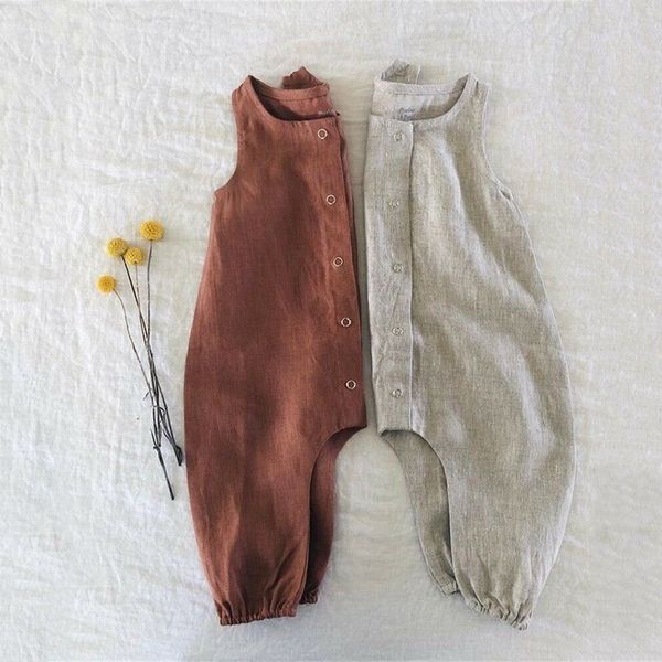 

newborn baby boy girl cotton linen romper solid sleeveless striped jumpsuit outfit summer casual clothes 0-24m, White