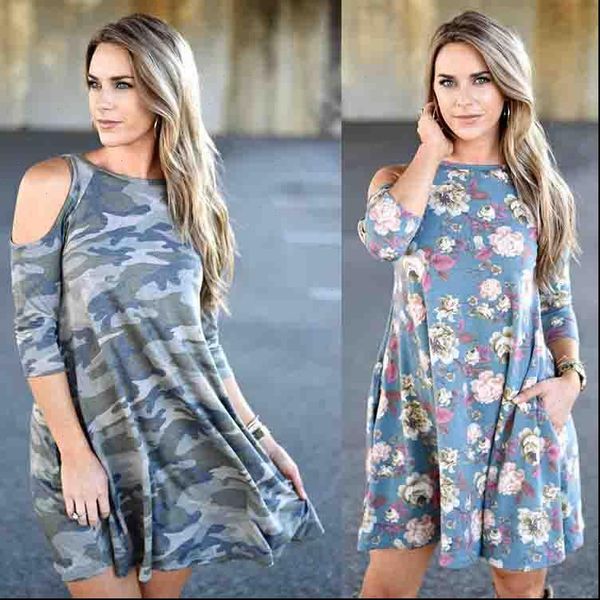 

womens casual sundress female beach dress midi off shoulder round neck women loose dress summer 2021 floral dress, Black;gray