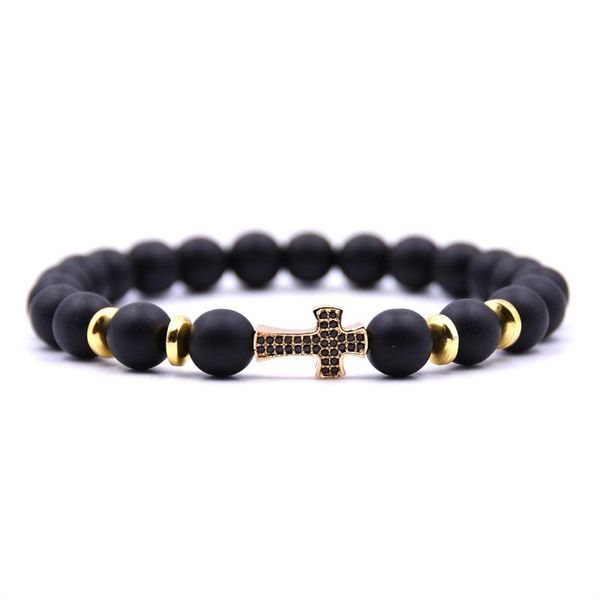 

beaded, strands natural black frosted stone cross micro-inlaid zircon bracelet fashion 8mm beads classic jewelry
