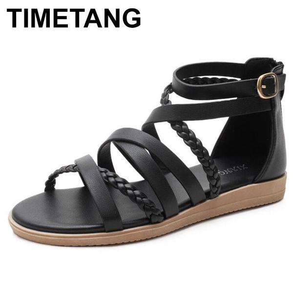 

sandals timetang 36-42 bohemian women's large size shoes summer woven roman casual flat, Black