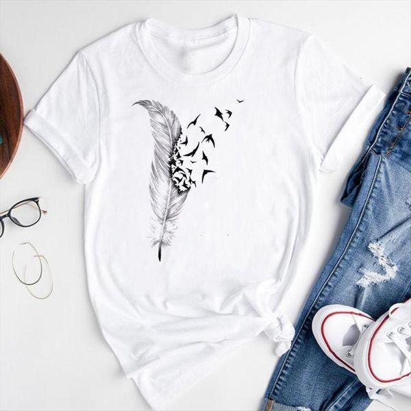 

graphic cartoon watercolor casual women beach short sleeve summer fashion print female clothes tees t shirt, White