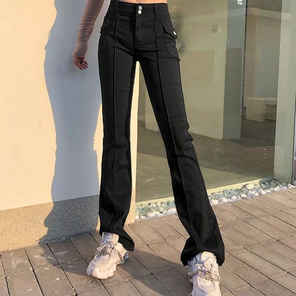 

women's pants & capris solid dropped waist flare 2021 spring buttons pocket zippers long trousers female club streetwear lady, Black;white