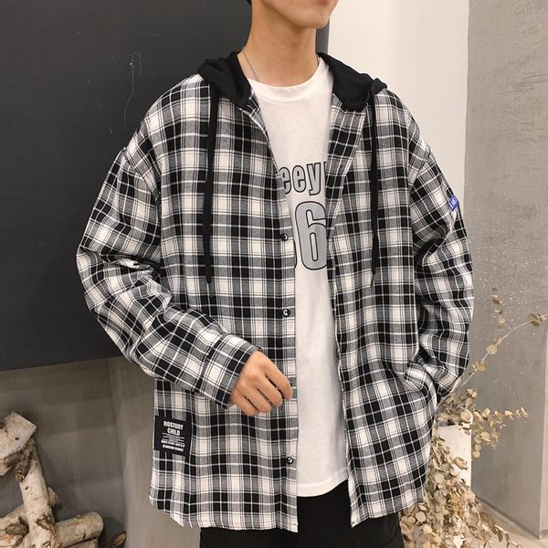 

2021 new plaid hoodie sweatshirt men's flannel style hip hop punk streetwear casual cardigan long-sleeved mxhl, Black