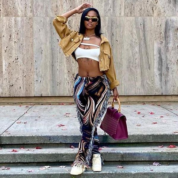 

colorful tassel fringe high waist womens capris printed skinny out pencil casual design trousers spring autumn elegant, Black;white