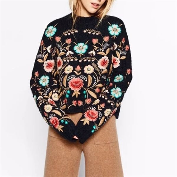 

teelynn black floral embroidery pullover sweater women boho long sleeve o-neck autumn winter jumper loose knitted sweaters 210806, White;black