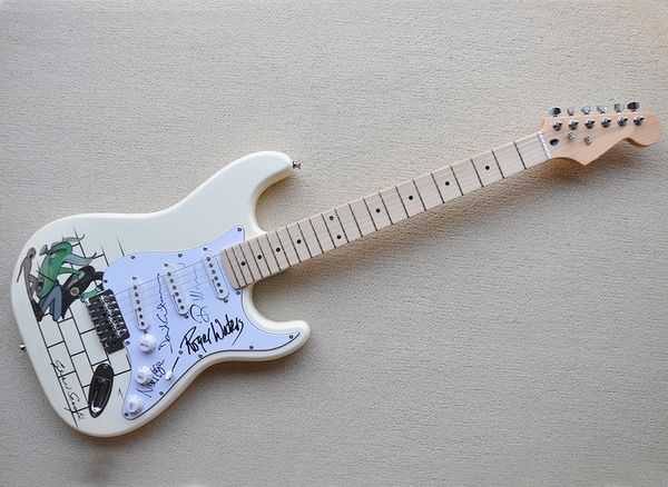 Белые 6 струн Электрическая гитара со специальным рисунком, пикапы SSS, клена настроили, могут быть настроены