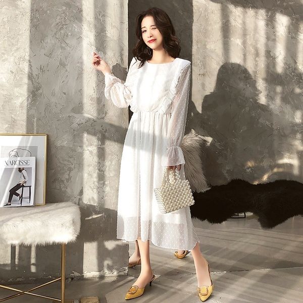 

2021 new spring autumn chiffon women vintage long sleeve ruffled party ladies beach vestidos o-neck solid rfh8, Black;gray
