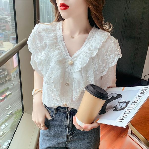 

women's blouses & shirts summer chiffon mesh blouse v-neck hollow out buttons women white shirt blusa elegant ruffle puff short sleeve