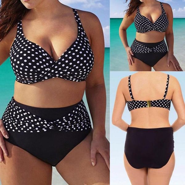 

2pcs plus size women dot print padded high waist bikini set swimsuit swimwear 2021