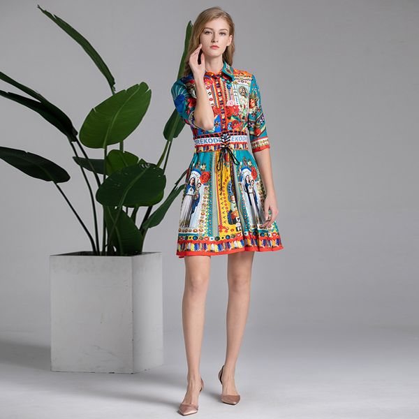 

mini dress runway autumn new women's fashion party print vintage belt slim elegant chic dresses 961w, Black;gray