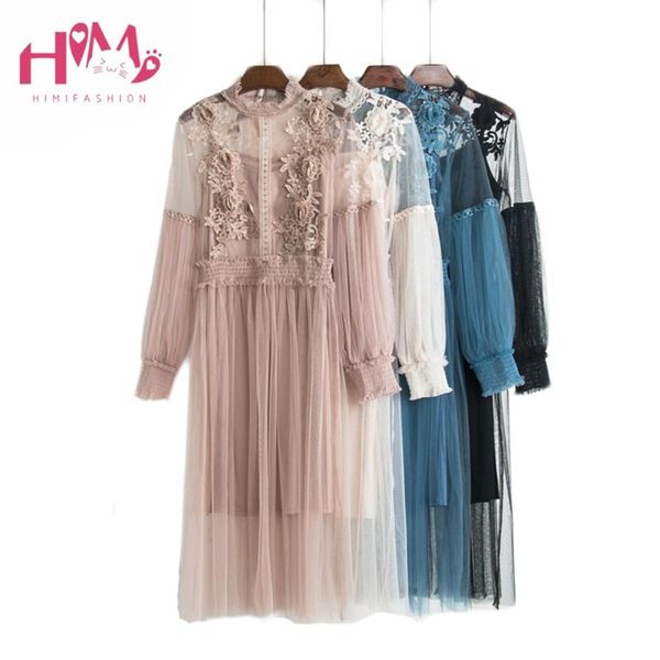 

casual dresses autumn korean vintage stand collar lantern sleeve dress waisted gauze mid-length textural floral lace hollow out fairy, Black;gray