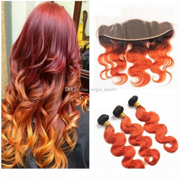 

brazilian ombre color orange color body wave virgin hair weaves with ear to ear frontal 1b 350 human hair bundles with lace frontal, Black;brown