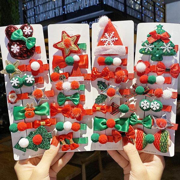 

5/10pcs/set new girls cute christmas tree bow hairball hairpins kids sweet headband hair clip barrettes fashion hair accessories, Slivery;white