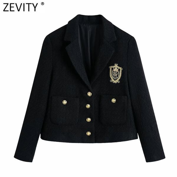

zevity women england style badge patch breasted woolen blazer coat vintage long sleeve pockets female outerwear chic ct663 211006, White;black