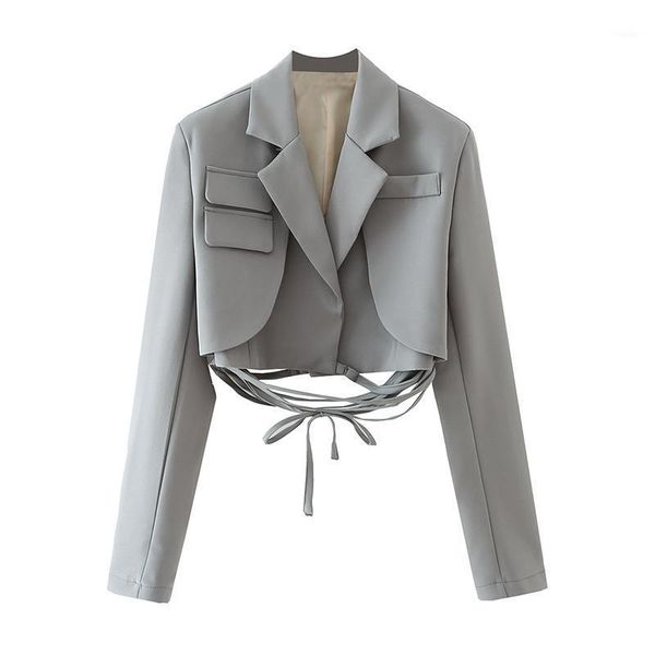 

women's suits & blazers yenkye fashion 2021 women lace up crop blazer mujer vintage dark gray long sleeve autumn suit jacket ladies chi, White;black