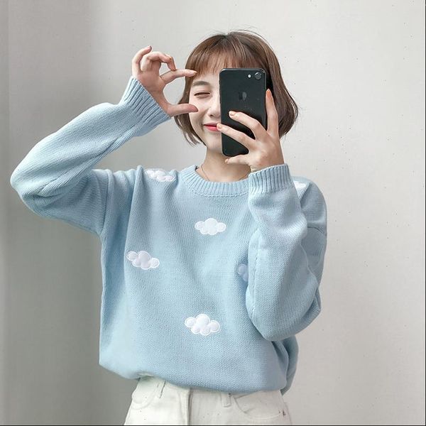 

2021 winter knitted sweater women sweet clouds long sleeve sweaters and pullovers casual sweater kawaii jumpers female, White;black