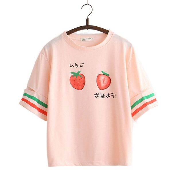 

merry pretty strawberry t-shirt girls harajuku t shirt women short sleeve o-neck cotton t-shirt striped cartoon print tee 210306, White