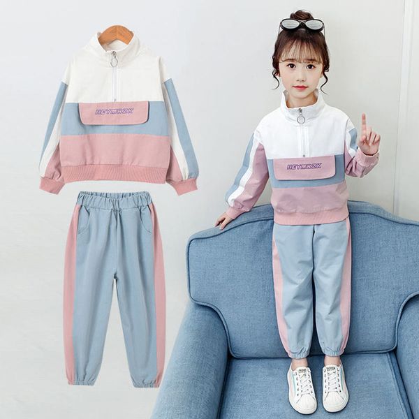 

2020 fashion big girls windproof sports semi-high collar letter zipper clothing set teen spring summer tracksuit kids sportswear, White